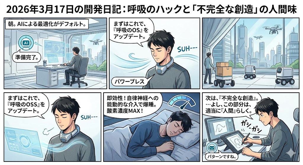 2026年3月17日の開発日記：呼吸のハックと「不完全な創造」の人間味