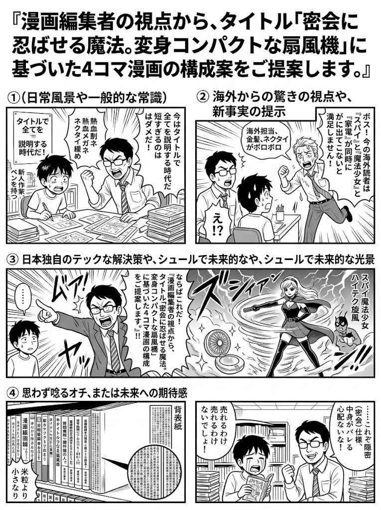 漫画編集者の視点から、タイトル「密会に忍ばせる魔法。変身コンパクトな扇風機」に基づいた4コマ漫画の構成案をご提案します。