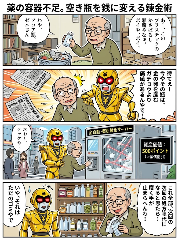 薬の容器不足。空き瓶を銭に変える錬金術