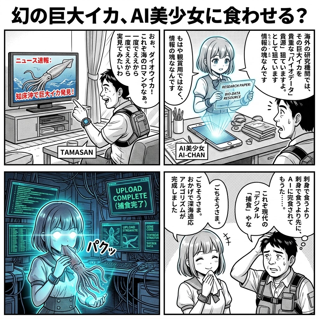 幻の巨大イカ、AI美少女に食わせる？