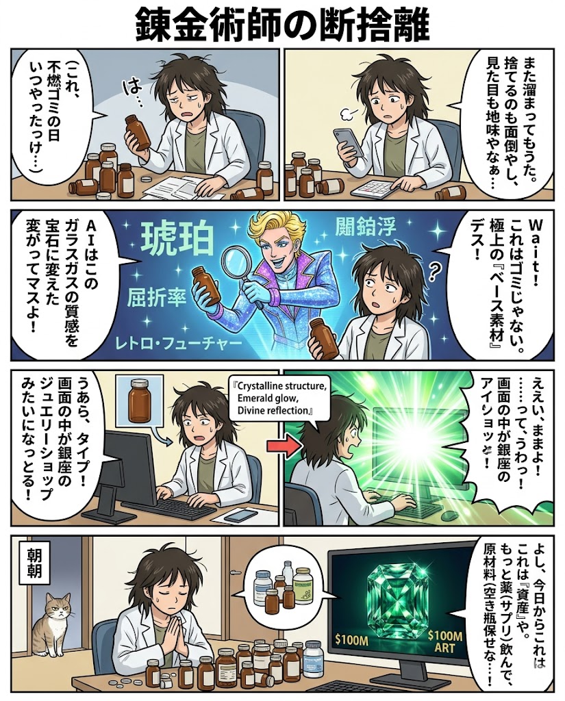 薬の空き瓶をAIアートで宝石にする呪文
