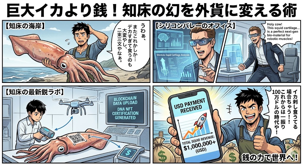 巨大イカより銭！知床の幻を外貨に変える術