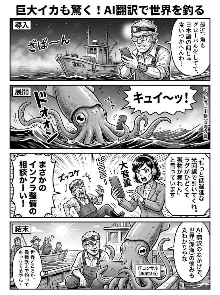巨大イカも驚く！AI翻訳で世界を釣る