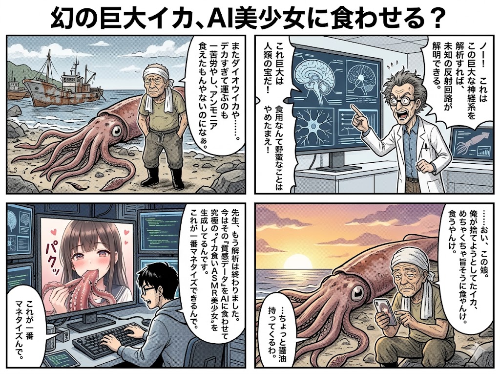 幻の巨大イカ、AI美少女に食わせる？