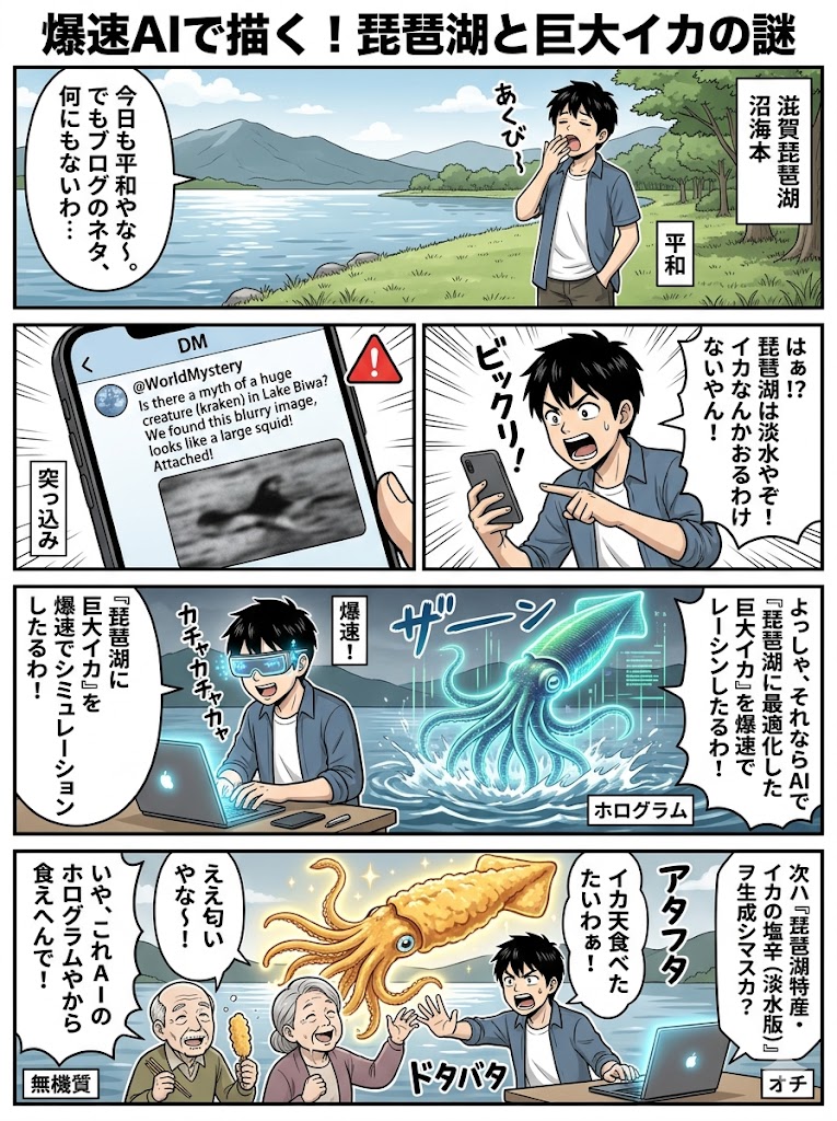 爆速AIで描く！琵琶湖と巨大イカの謎