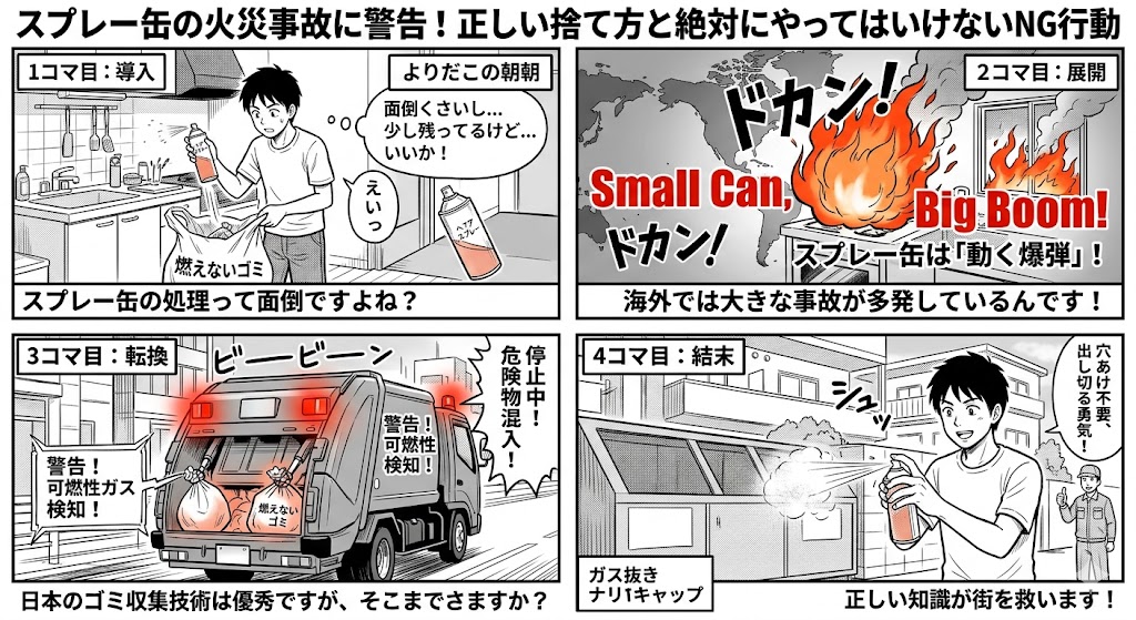 スプレー缶の火災事故に警告！正しい捨て方と絶対にやってはいけないNG行動