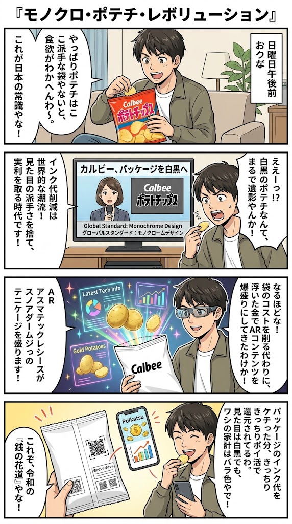 カルビーがパッケージを白黒に？究極のコスト削減術がもたらす衝撃のメリット