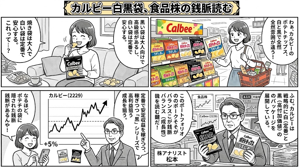 カルビー白黒袋、食品株の銭脈読む