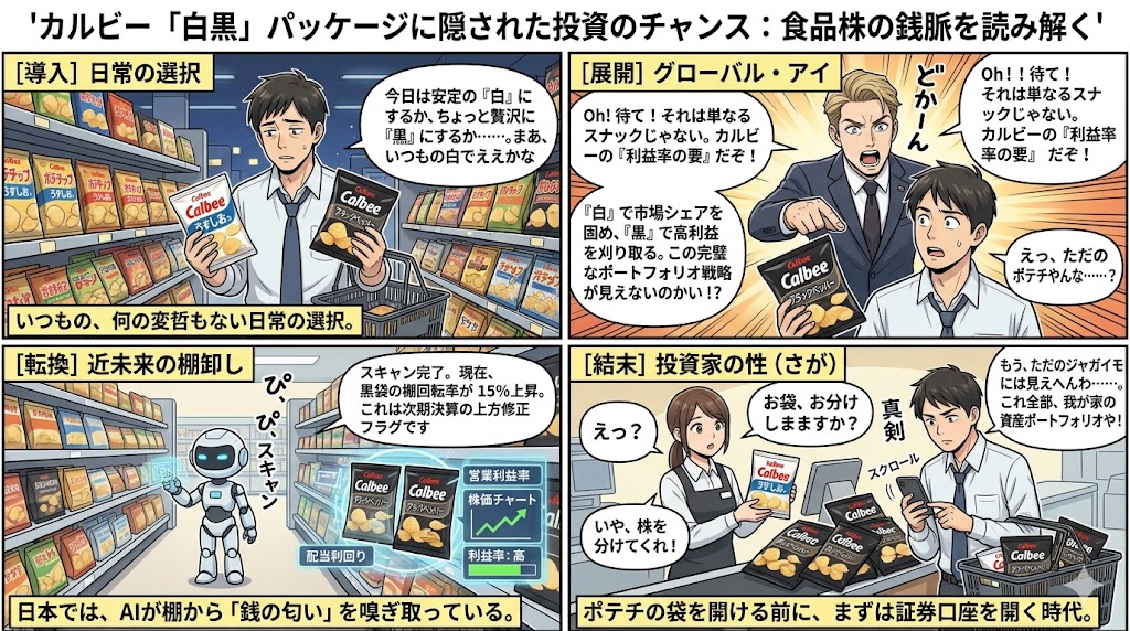 カルビー「白黒」パッケージに隠された投資のチャンス：食品株の銭脈を読み解く