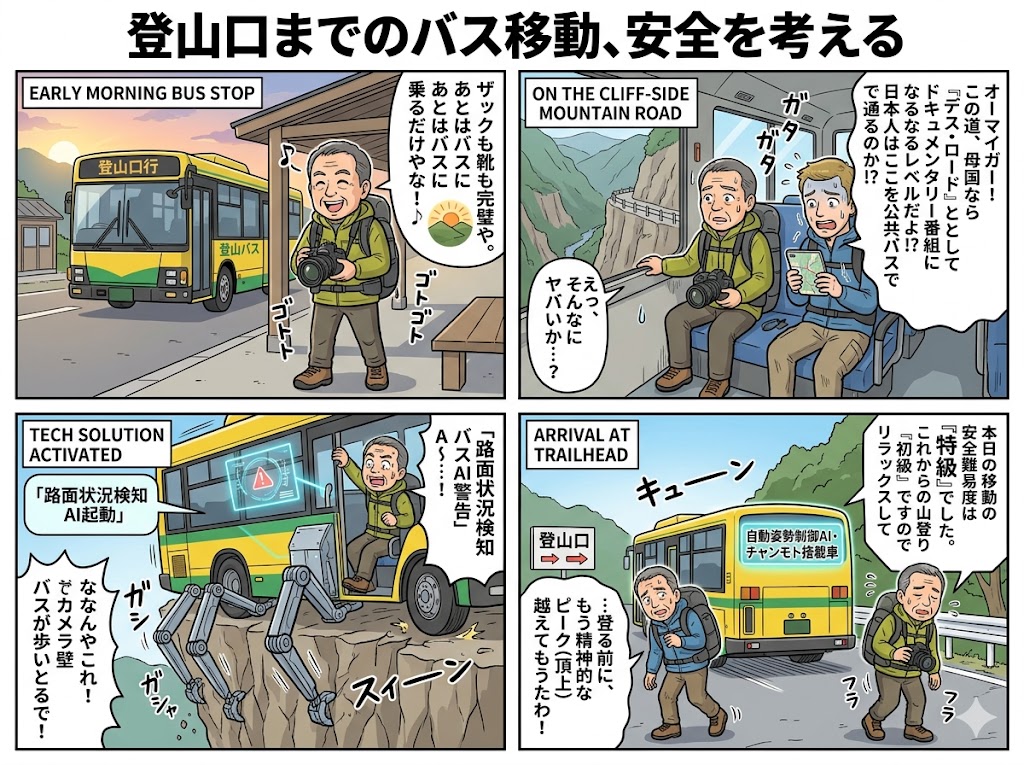 登山口までのバス移動、安全を考える