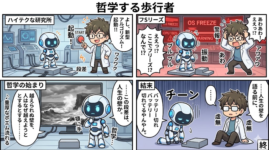 こんな二足歩行プログラムは嫌だ：段差を見つけると、OSごとフリーズして『人生の壁』を語り出す