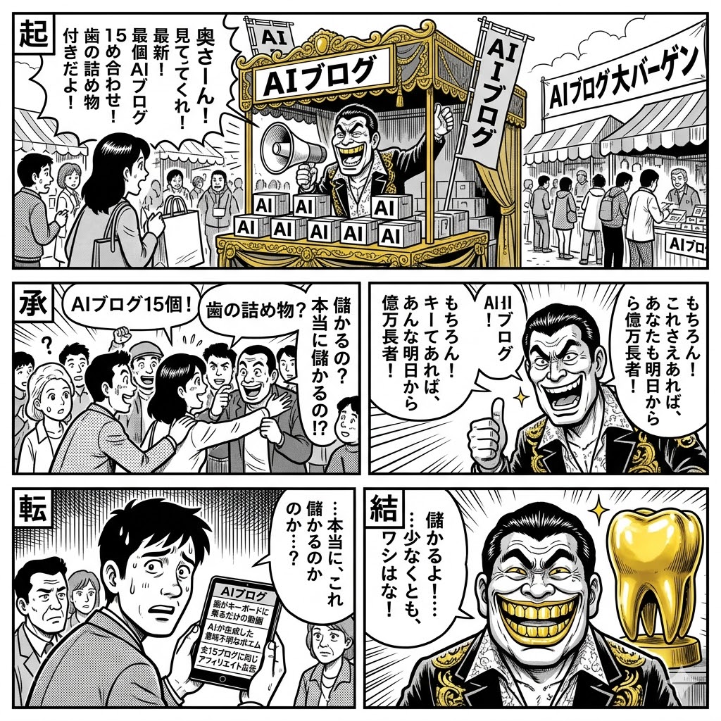 歯の詰め物と15個のAIブログ！…って、それ全部儲かるんか？