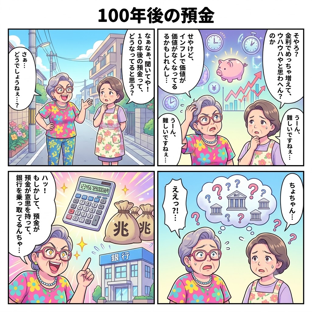 なぁなぁ、聞いてや！100年後の預金って、どうなってると思う？