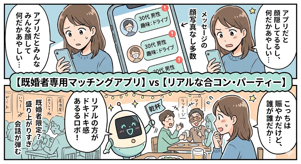 既婚者マッチングアプリはもう古い?デメリットやパーティーとの比較・費用対効果を徹底解説!