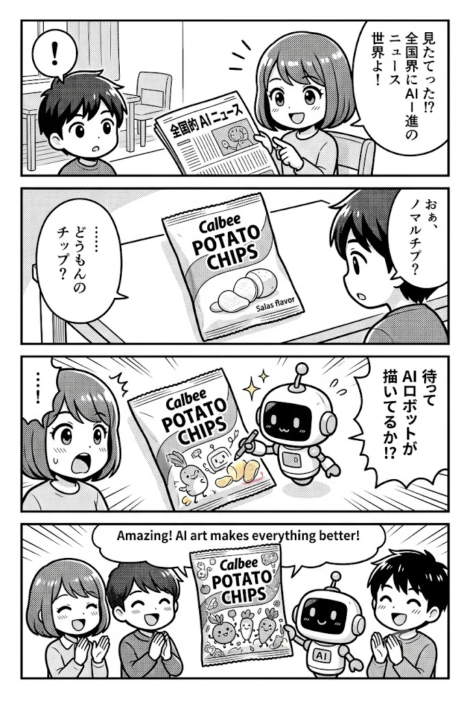 海外のロボット・AIニュースで驚いたこと：カルビーの白黒パッケにイラストを描くブームに生成AIや合成で
