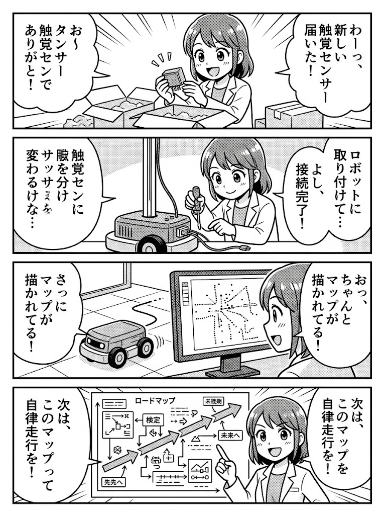 届いた触覚センサーをSLAMに繋ぐ。今週の実験分析と統合設計のロードマップ