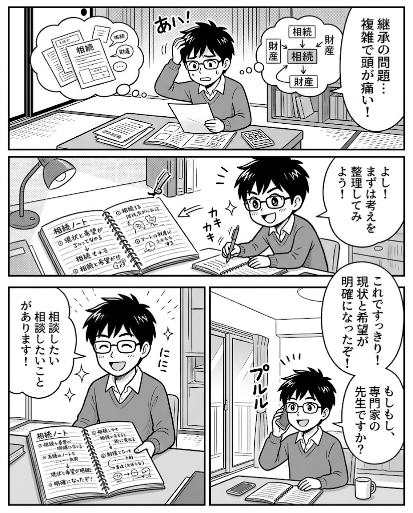 士業の知人に連絡する前に、我が家の承継課題をノートに書き出してみた
