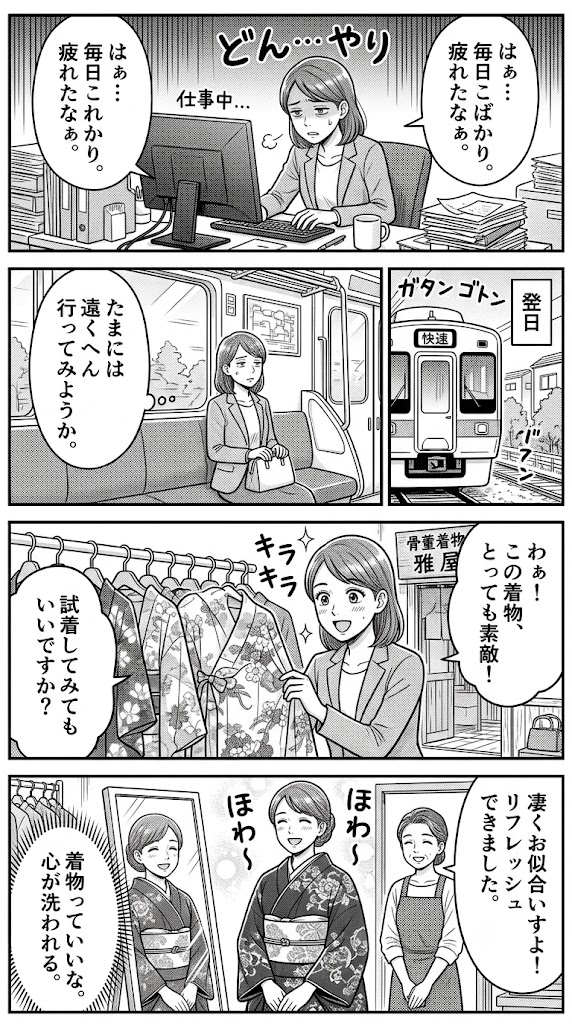 日常の役割を脱ぎ捨てて。一人で隣町のアンティーク着物を試着した日