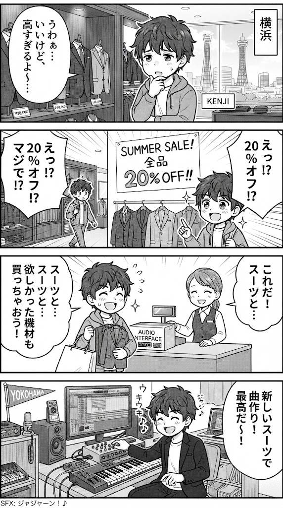 横浜駅で夏服20％オフのスーツ＆パンツをお得に買う方法と安くDTMを始めるためのオーディオインターフェース徹底比較