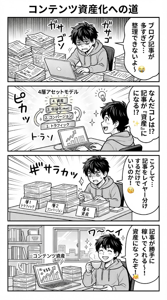 悲報】ブログ記事の量産はもうやめよう!資産化する4層モデルで収益を最大化する秘策