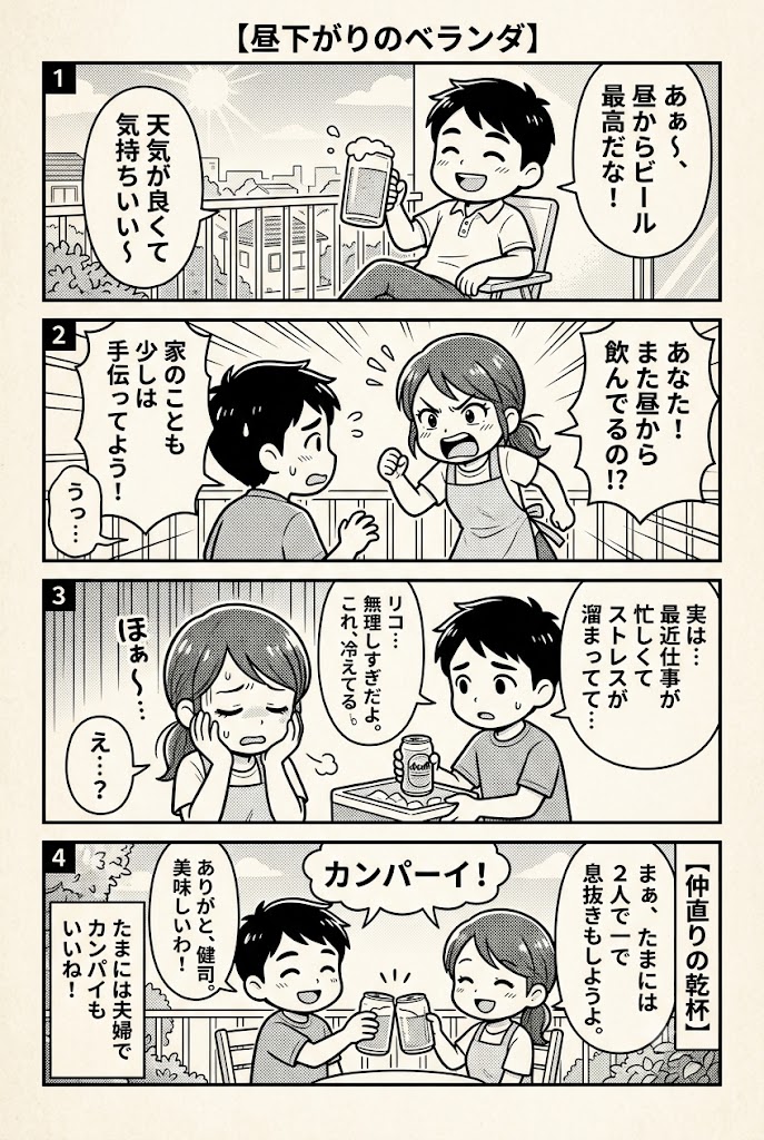 なぁなぁ、聞いてや!昼間のベランダビールが、まさかの『家族円満の秘訣』やって!