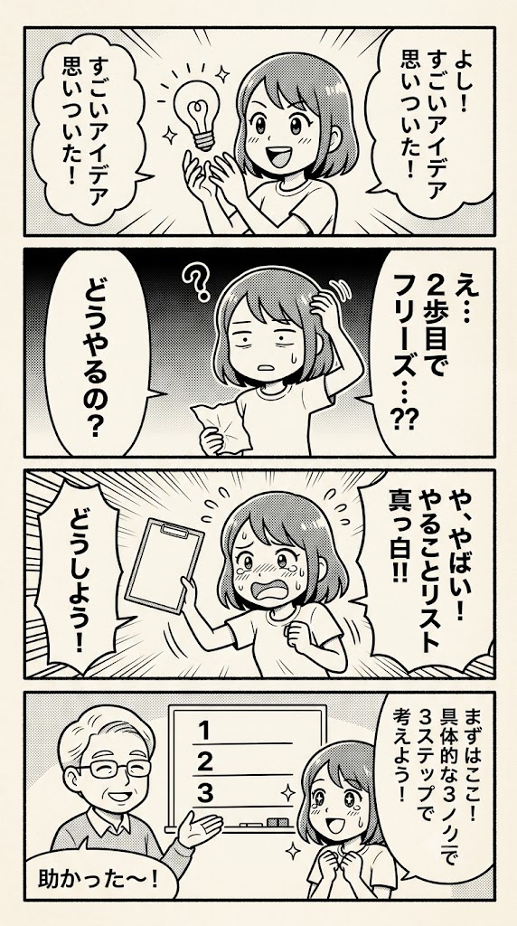 なぜ2つ目のステップで手が止まるのか？アイデアを行動に変える3ステップの具体的な進め方