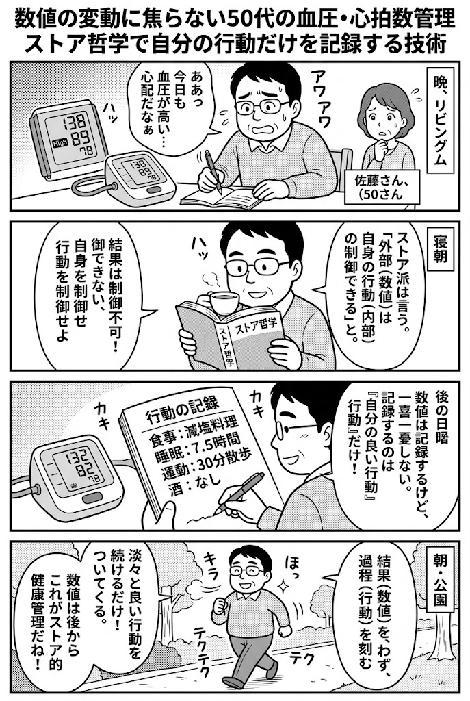 数値の変動に焦らない50代の血圧・心拍数管理。ストア哲学で自分の行動だけを記録する技術
