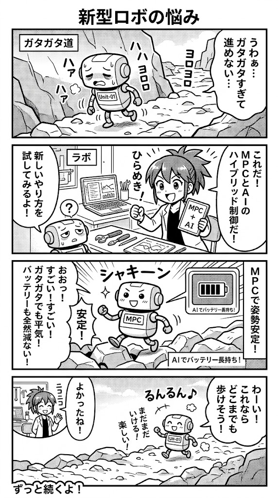 四足歩行ロボットの稼働時間を伸ばす不整地制御：MPCとSim2Real強化学習の最適分担
