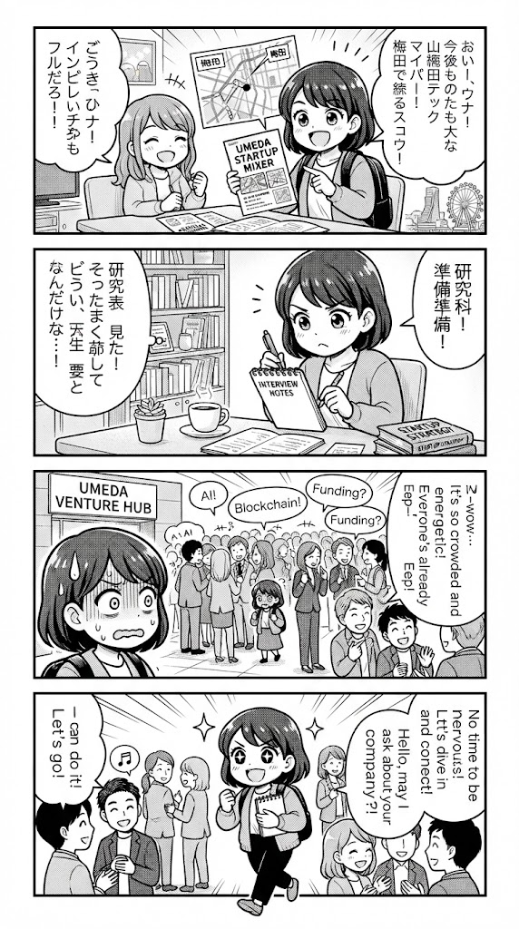 梅田の若手起業家の交流会に乗り込むで！どんな話を聞き出すか最初の計画を練ったわ