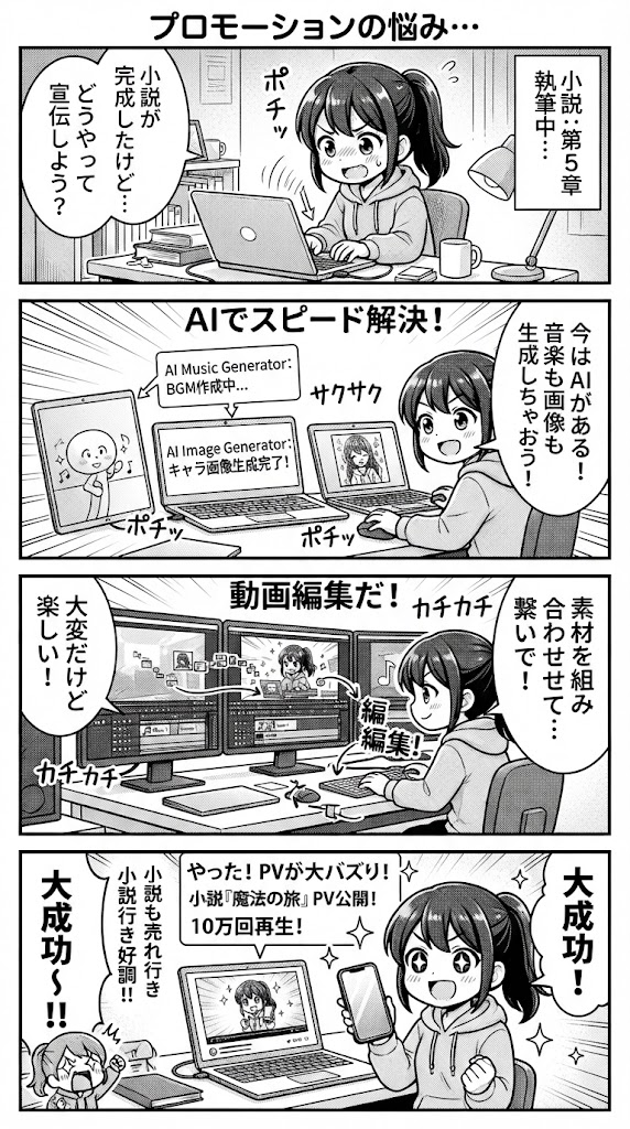 小説→Suno作曲→静止画→動画連結、副業で使えるPV量産フローを実践検証