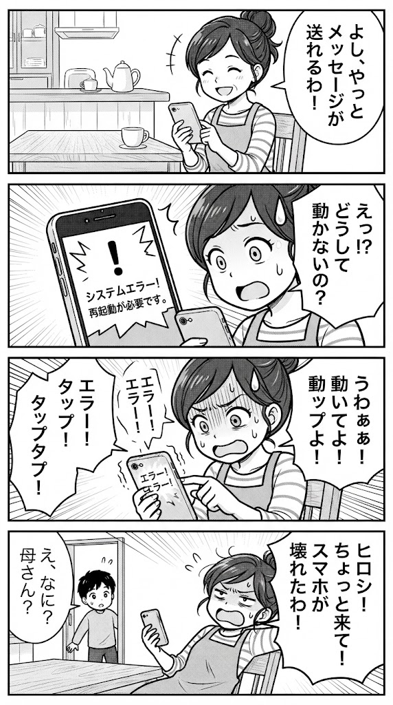 なぁなぁ、聞いてや！おかんのスマホ、また『見えん壁』にぶつかった話やで！