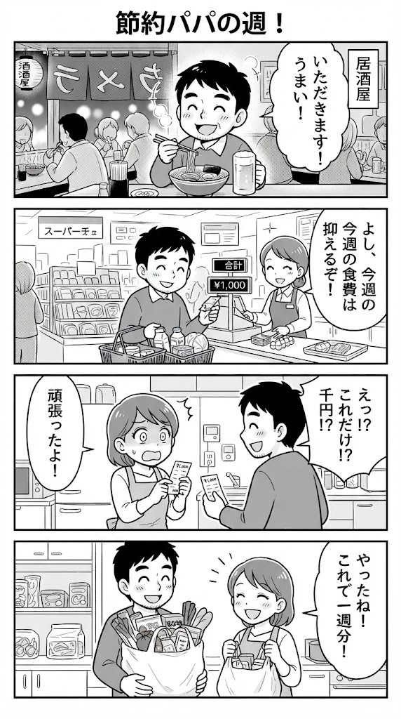創作hub：AIデジタルアート＆美学表現: 外食+飲み3000円、1週間分食材1000円で生活費計4000円。既婚
