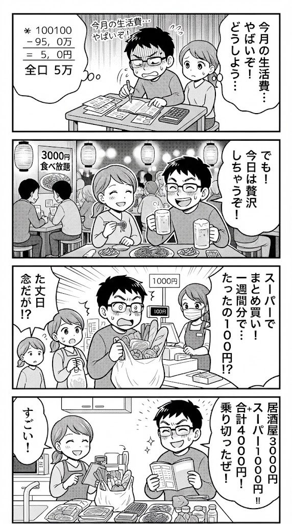 浪速の商売人：銭の花道: 外食+飲み3000円、1週間分食材1000円で生活費計4000円。既婚